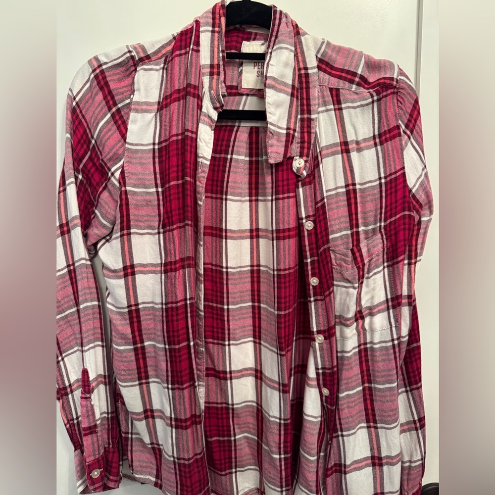 Plaid Shirt Button Up Maroons Reds Pinks and Cream Lightweight - Picture 2 of 3